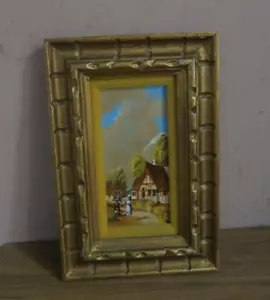 VINTAGE SIGNED ORIGINAL OIL ON BOARD COUNTRYSIDE LANDSCAPE PAINTING FRAMED 3"X6" - Picture 1 of 5