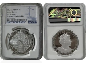 Corona gótica del Reino Unido 2022 NGC PF 70 ULTRA CAMAFEO plata prueba 1 oz 0,999 diseño Wyon C - Imagen 1 de 6