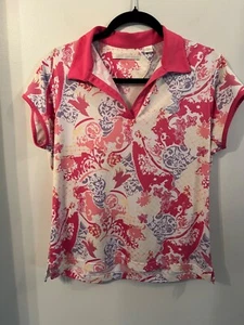 Greg Norman Polo Shirt Womens Large V Neck Short Sleeve Geometric Golf Shirt - Picture 1 of 6
