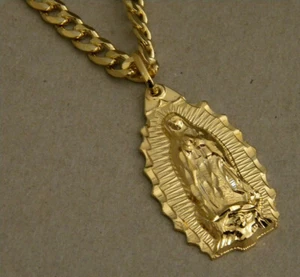Men's Yellow Gold Plated 24in Long 7mm Wide cuban Chain & LG Guadalupe Charm Set - Bild 1 von 4