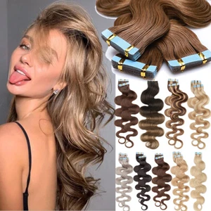 Brown Tape In 100% Remy Human Hair Extentions Skin Weft THICK Full Head BodyWave - Picture 1 of 48