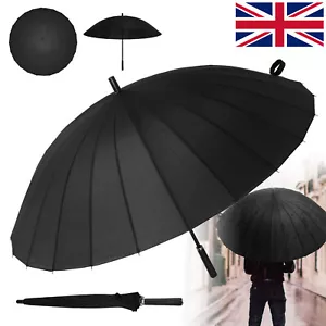 Unisex Super Strong Windproof 24 Steel Ribs Stormproof Folding Black Umbrella - Picture 1 of 11