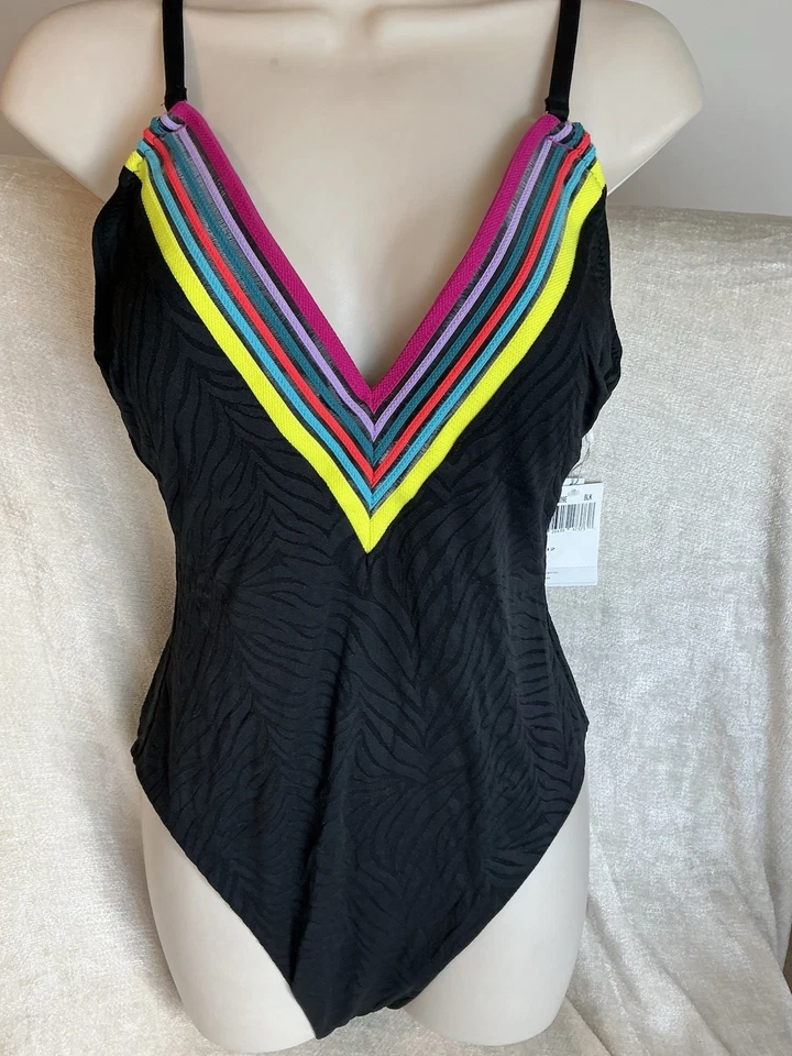 Brand New Trina Turk Black One Piece Plunge With Rainbow Colors Size 12 - Image 1 of 4