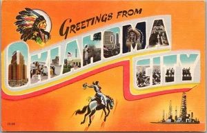 OKLAHOMA CITY Großbrief Postkarte Cowboy / Indianer / Ölquellen / LEINEN um 1950 - Bild 1 von 2