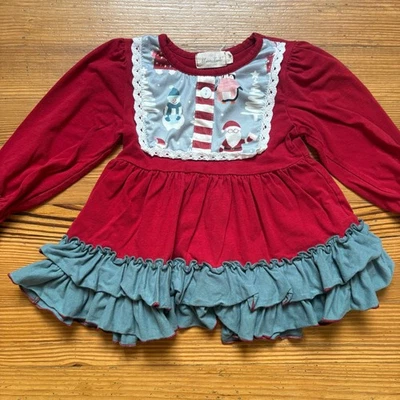 Marie Nicole red gray Christmas holiday long sleeve ruffle shirt SIZE S - Image 1 of 4