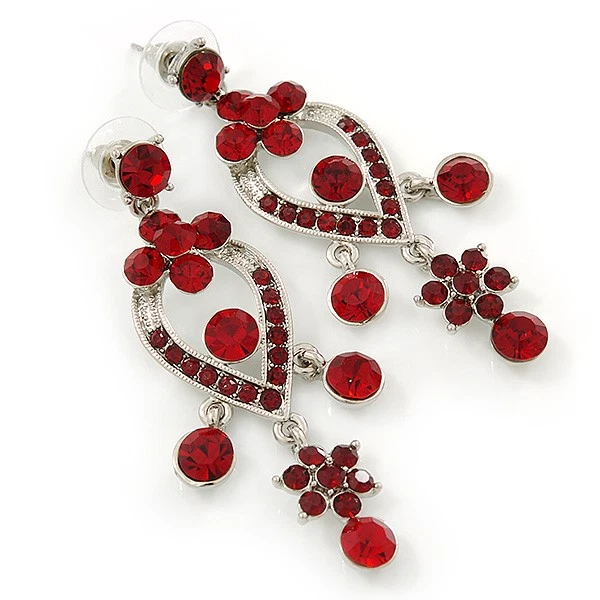 Brincos lustre de cristal austríaco vermelho rubi em revestimento de ródio - 60 mm L - Imagem 1 de 1