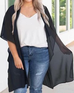 Chiffon 3/4 Sleeve Open Front Tunic Cardigan Kimono Beach Cover-Up L - Picture 1 of 2