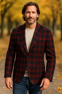Cantarelli 100% Wool Plaid Blazer Men’s 40R Made in Italy Red Navy Jacket - Picture 1 of 6