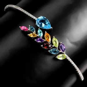 925 Sterling Silver Bangle Pear Blue Topaz Amethyst Natural Gemstone Jewelry - Picture 1 of 13