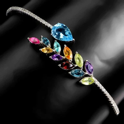 925 Sterling Silver Bangle Pear Blue Topaz Amethyst Natural Gemstone Jewelry - Image 1 of 4