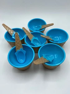 Set of 6 New Blue Waffle Cone Ice Cream Bowls with Spoons - Holds 6 oz (3/4 cup) - Picture 1 of 9