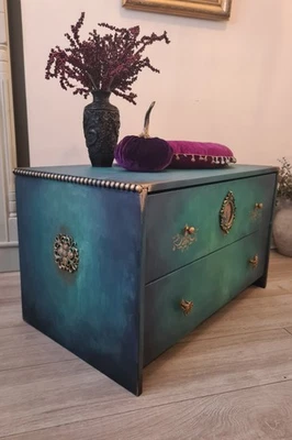 Low Drawer Chest Hand Painted Green Vintage Upcycled 2 Drawers Storage Sideboard - Image 1 of 4