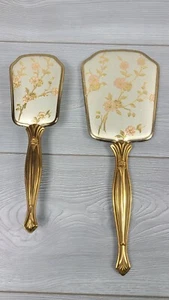 Vintage Jugendstil Waschtischbürste & Spiegel Set Gold Silberfarben Floral Antik - Bild 1 von 11
