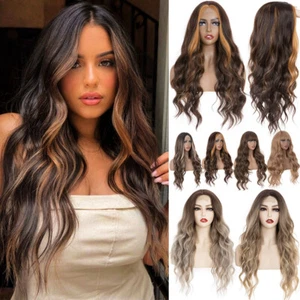 Long Brown Ombre Lace Front Wig for Women Natural Hair Wavy Middle Part Daily - Picture 1 of 29