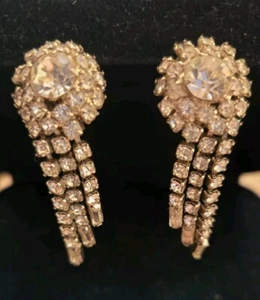 Vintage Clear Rhinestone Clip On Earrings Cluster Crystal Silver Tone Dangling  - Picture 1 of 4