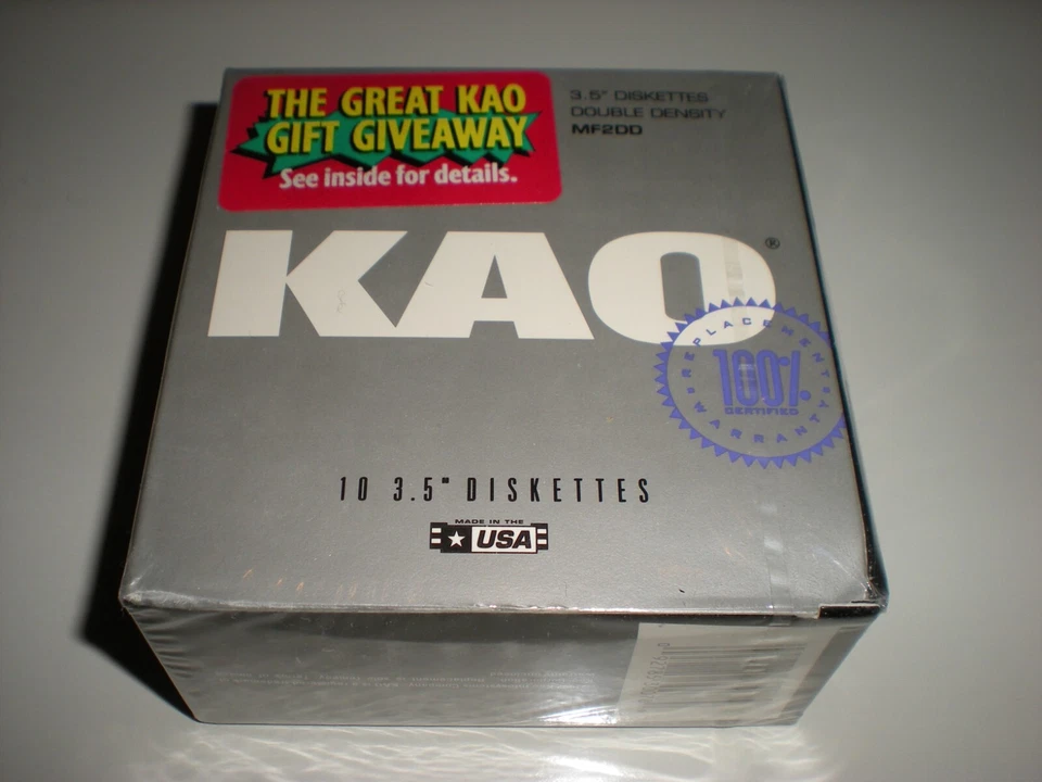 3.5 in. MF2DD DSDD floppy disks. 3 1/2" KAO brand. Rare U.S. made disks NOS.
