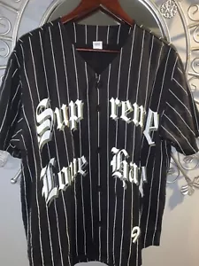 SUPREME BASEBALL JERSEY in BLACK w/WHITE PIN STRIPES LOVE / HATE SIZE MEDIUM - Picture 1 of 8