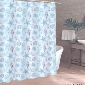 Caribbean Joe Fabric Shower Curtain Hooks Liner Included 70x72 Sea Foam Shells - Picture 1 of 3