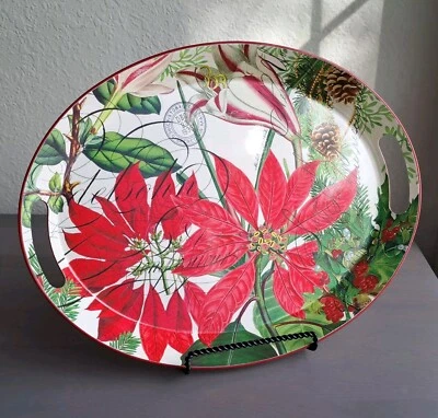 Michel Design Works Red Poinsetta Tray With Inset Handles Each End Metal 16" - Image 1 of 4