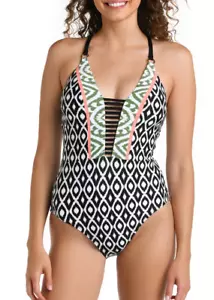 NEW LA BLANCA 'Desert Dunes' Plunge 1-Piece Swimsuit SZ 16 #LB4CD09 Black/Multi - Picture 1 of 7