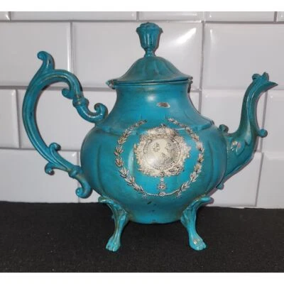 Tetera Reutilizada De Colección Azul Turquesa Plata Cresta Real Estilo Provincial Francés Foto 1 de 4