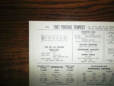 1967 Pontiac Tempest SIX Series Models 1965HP 230 CI L6 1BBL Tune Up Chart   - Image 1 of 4