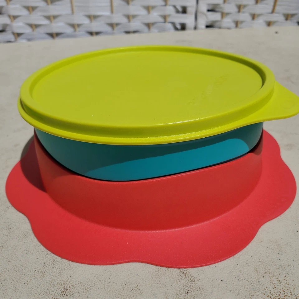 Tupperware Tupperkids Feeding Bowl red silicone base blue bowl green seal NEW - Image 1 of 1