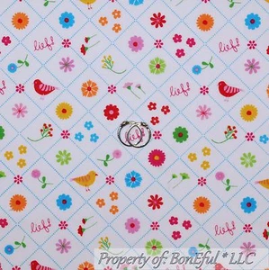 BonEful Fabric FQ Cotton Quilt Rainbow White Bird Flower Garden Shabby Chic SALE - Picture 1 of 9