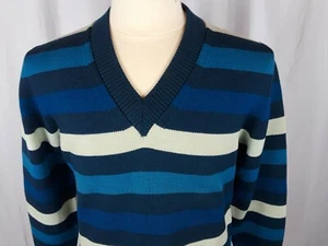 Suéter Cortina Vintage Grande 100% Lana Multicolor Cuello en V Rayas Horizontales  - Imagen 1 de 6