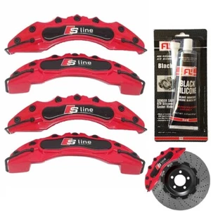 4x ABS PLASTIC For Audi S Line Brake Caliper Covers Set Kit Red + SILICONE - Picture 1 of 7