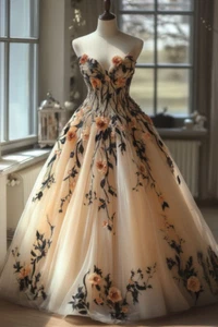 Champagner Brautkleider mit 3D Blumen Herzausschnitt A Linie Brautkleider - Bild 1 von 9