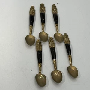 Juego de 6 cucharas Siam Buda sentado latón con mango negro 4,5" - Imagen 1 de 6