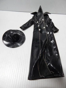 VINTAGE BARBIE DOUBLE BREASTED LONG BLACK SLICKER RAIN COAT + HAT - Picture 1 of 9
