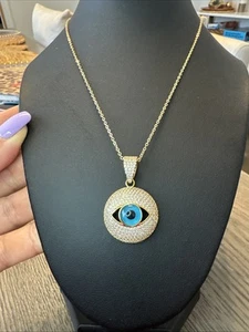 Gorgeous Gold Tone Evil Eye Pendant Necklace Blue Blessings Protection - Picture 1 of 5