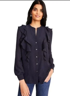 Blusa Ann Taylor con volantes y botones azul oscuro manga larga para mujer talla XS Foto 1 de 4