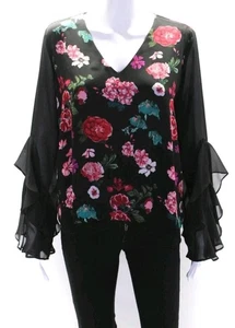 Top Vince Camuto stampa floreale taglia small trasparente volant maniche lunghe scollo a V foderato - Foto 1 di 5