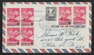 ICELAND TO US AIR MAIL HEKLA SURCHARGED BLOCK OF 4 ON COVER 1954 - Image 1 of 2