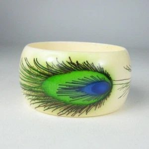 Vintage Plastic Bangle Peacock Feather Design Wide Bracelet Cuff Chunky - Picture 1 of 11