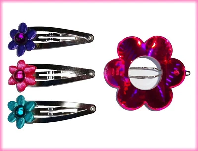 VTG Y2K ReTrO 1990's HIPPIE 3 DAISY FLOWER SNAP HAIR CLIPS + PINK PRISM BARRETTE - Image 1 of 4