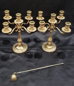 Brass Candle Holder 5 Flaming Art Nouveau Candlesticks Vintage w/Candle Snuffer - Picture 1 of 5