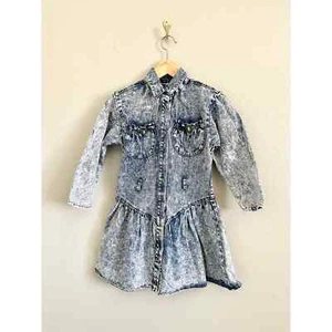 Kids Vintage 80s Acid Wash Denim Western Cowgirl Long Sleeve Cotton Dress 8 - Picture 1 of 16