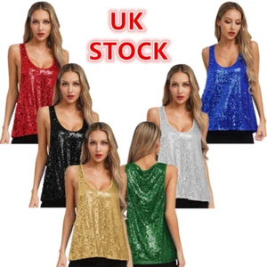 UK Womens Tank Tops Casual Vest Glitter Blouses Summer Camisole Fashion Clubwear - Picture 1 of 52