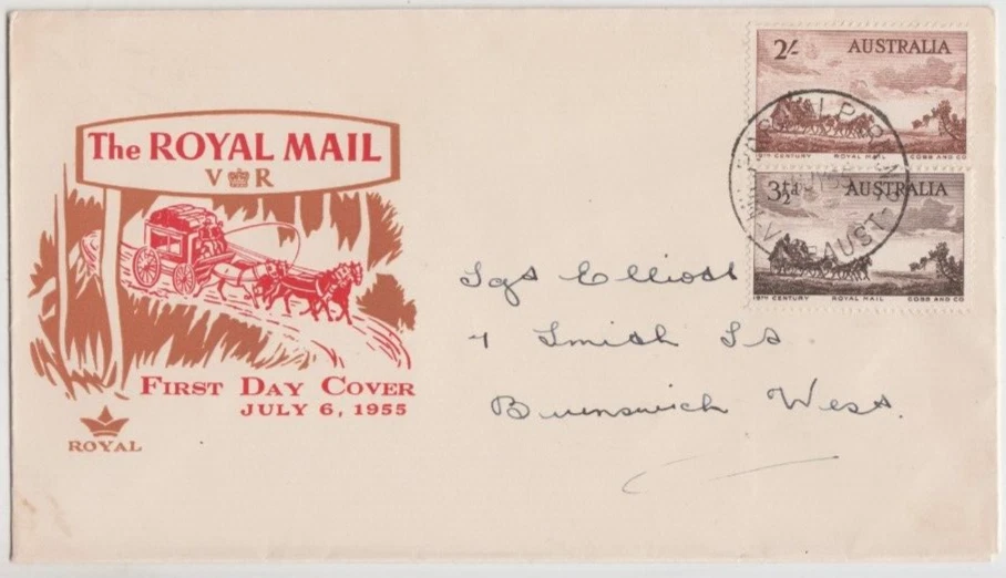 Sellos de matasellos 1955 militares P.O Royal Park Victoria Cobb & Co autocar Royal FDC Foto 1 de 1