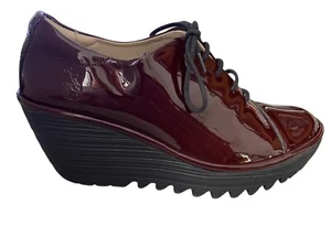 FLY London Yumify Burgundy Patent Oxford Wedge Women's Shoes Sz 38 US 6.5-7 - Picture 1 of 10