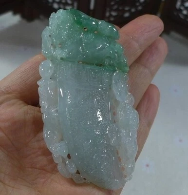 Cert'd Vintage Natural Type A Icy Green Jadeite Jade Pixiu Dragon Teeth Pendant - Image 1 of 4