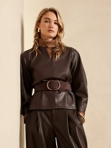 Banana Republic Brown Faux Leather Long Sleeve Blouse S ($100) NWT - Picture 1 of 5