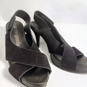 Pedro Garcia libby black Suede Cross Strap Slingback Heels Peep Toe 39.5 US 9 - Picture 1 of 10