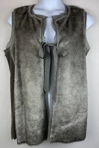 Simply Vera Wang Faux Fur Vest Ribbed Knit Sides Chiffon Trim Tie Front Size XL - Picture 1 of 9