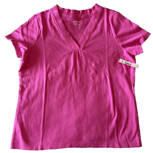 St Johns Bay Women's T-Shirt 100% Cotton V-Neckline Trim Maui Pink - Picture 1 of 5