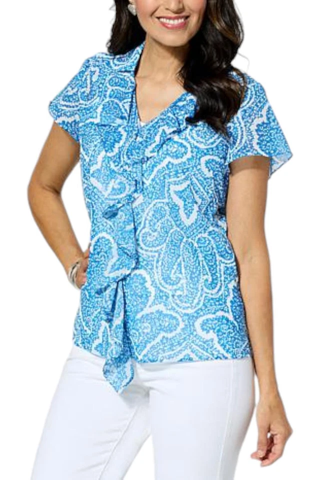 Jaclyn Smith короткий оборки спереди напечатано верх с Camisole синий пейсли - Изображение 1 из 1